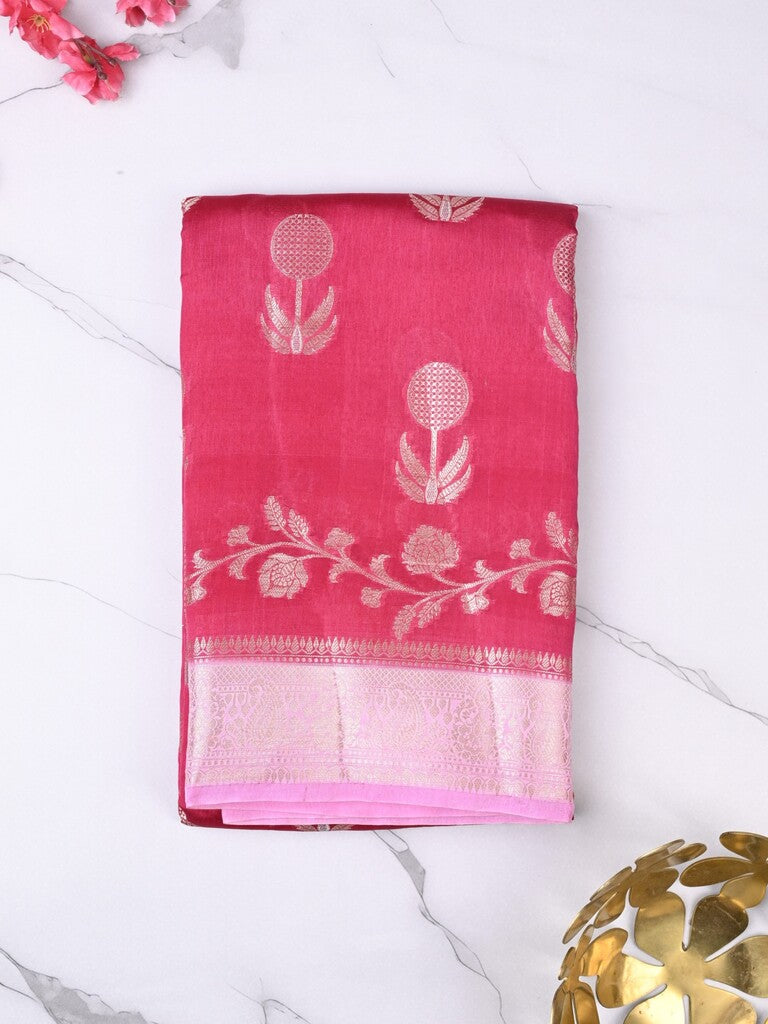 Raw mango fancy saree cherry red color allover zari weaves & zari border with short pallu and contrast blouse