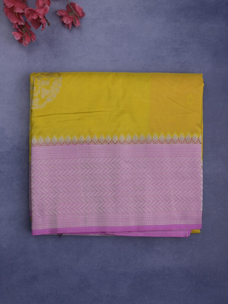 Tabby silk fancy saree in yellow color allover zari motifs & zari border with rich pallu and plain blouse