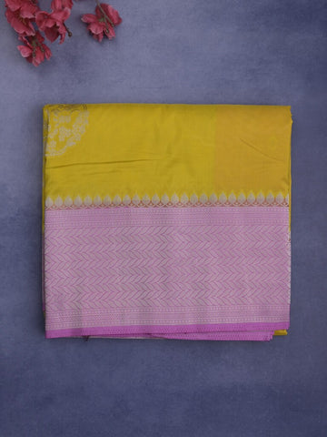 Tabby silk fancy saree in yellow color allover zari motifs & zari border with rich pallu and plain blouse