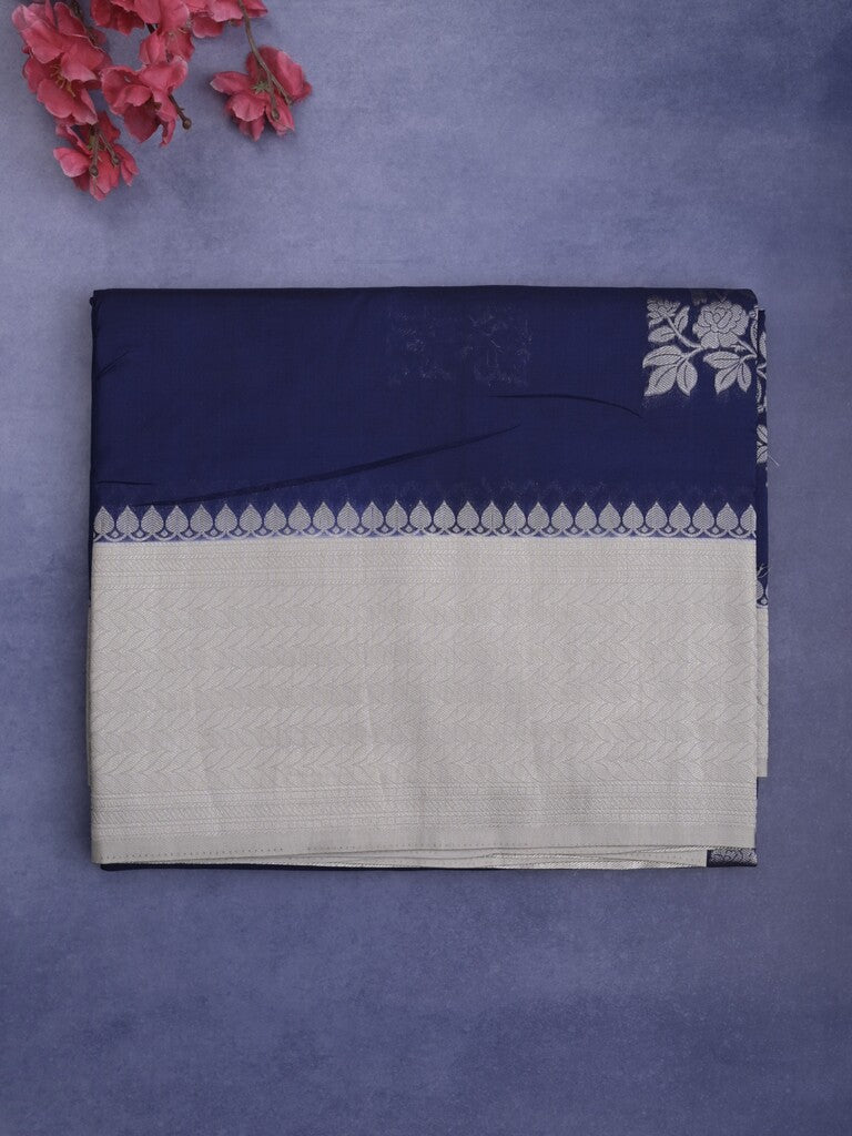 Tabby silk fancy saree in blue color allover zari motifs & zari border with rich pallu and plain blouse