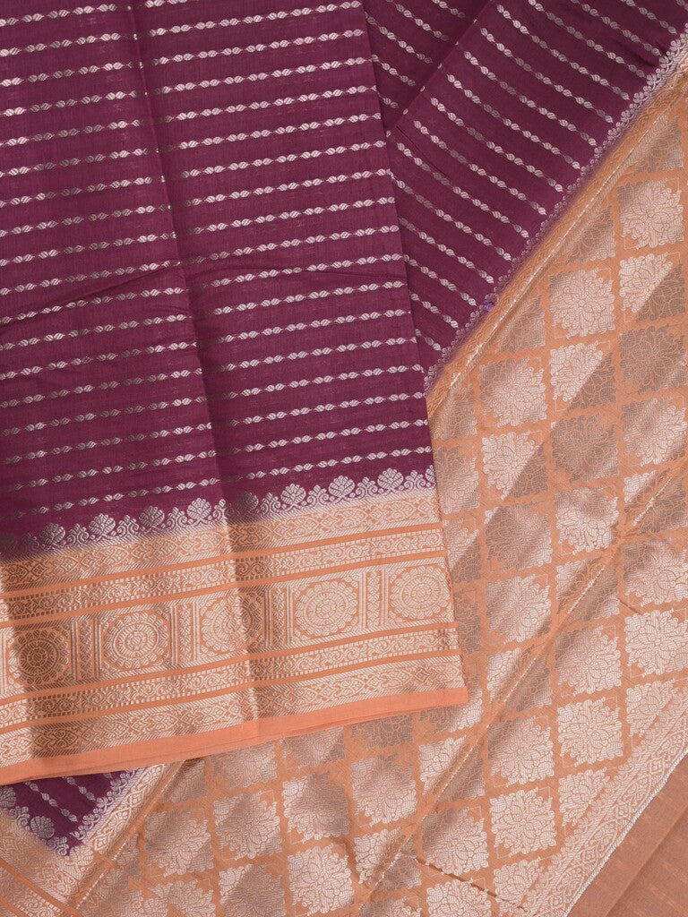 Banaras fancy saree in maroon color allover zari stripes & zari border with zari pallu and attached contrast blouse