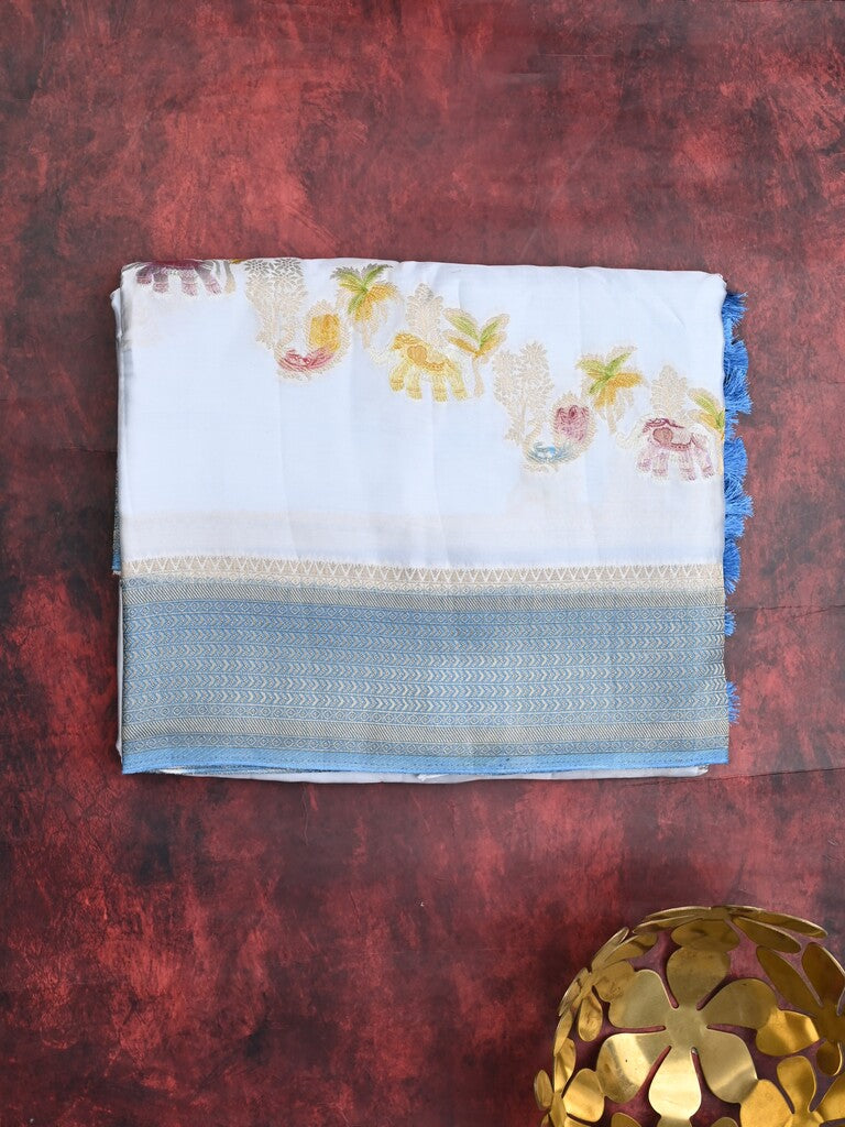 Satin silk fancy saree pastel blue color allover zari weaves & zari border with zari pallu and plain self blouse