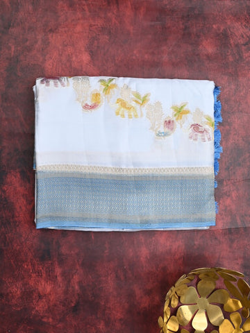 Satin silk fancy saree pastel blue color allover zari weaves & zari border with zari pallu and plain self blouse