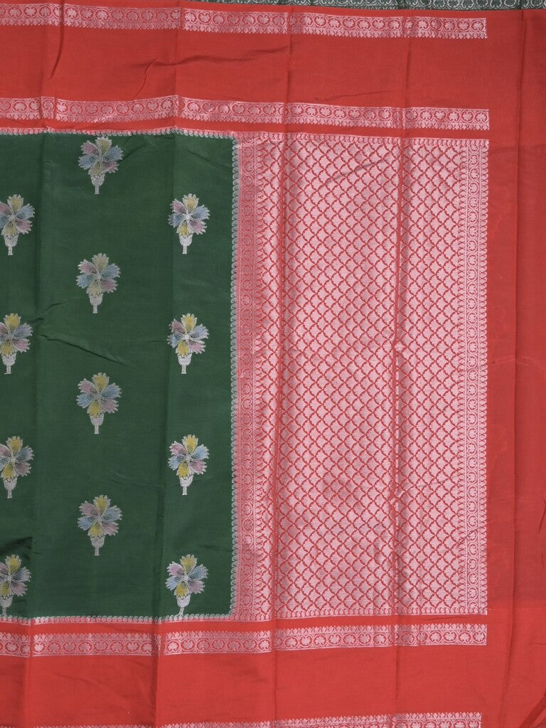 Banaras fancy saree in bottle green color allover zari motifs & zari border with brocade pallu and attached blouse