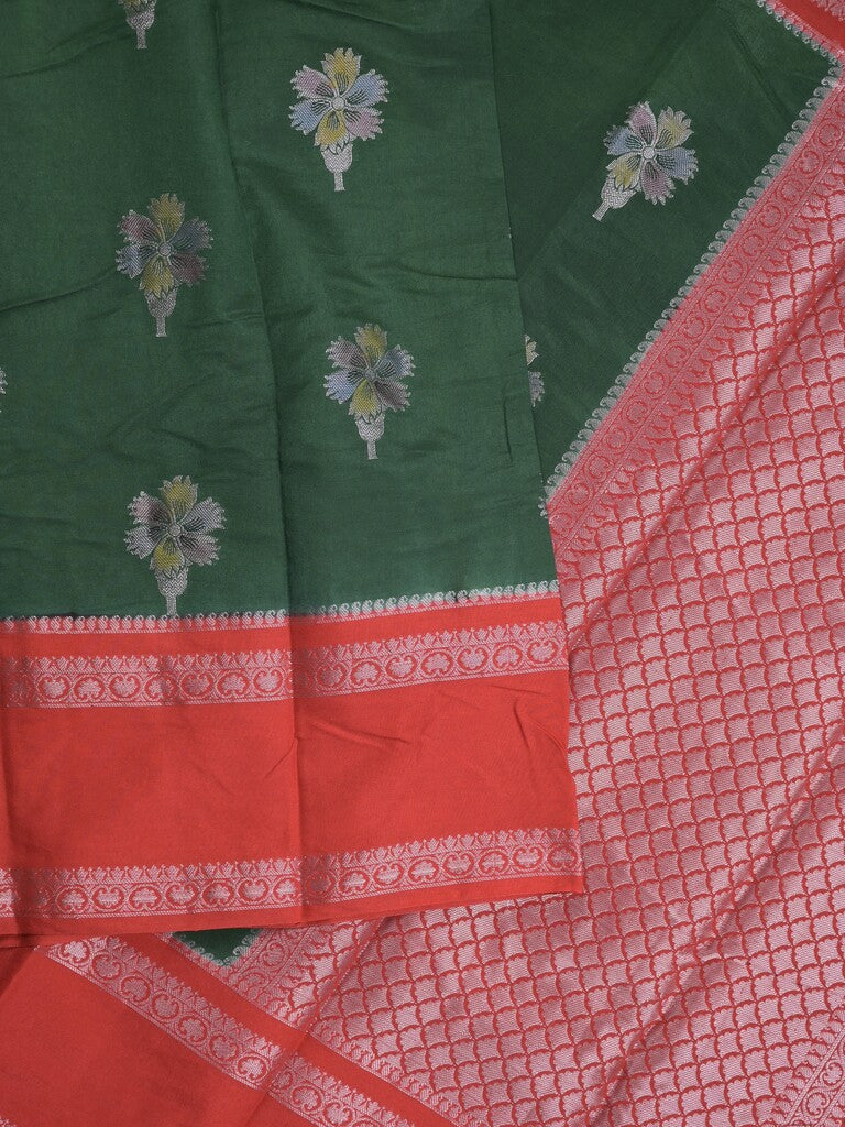 Banaras fancy saree in bottle green color allover zari motifs & zari border with brocade pallu and attached blouse