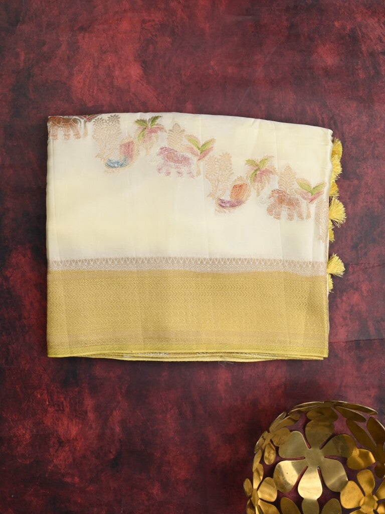 Satin silk fancy saree light cream color allover zari weaves & zari border with zari pallu and plain self blouse