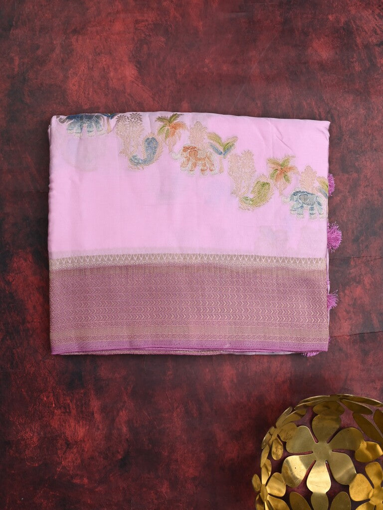 Satin silk fancy saree light pastel purple color allover zari weaves & zari border with zari pallu and plain self blouse