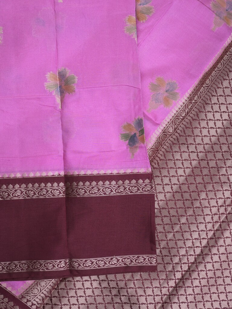 Banaras fancy saree in lavender color allover zari motifs & zari border with brocade pallu and attached blouse