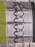 Kanchi pattu saree olive green color allover zari weaves & zari border with rich pallu and plain blouse