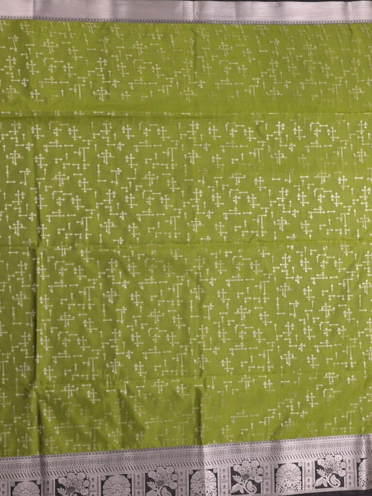 Kanchi pattu saree olive green color allover zari weaves & zari border with rich pallu and plain blouse