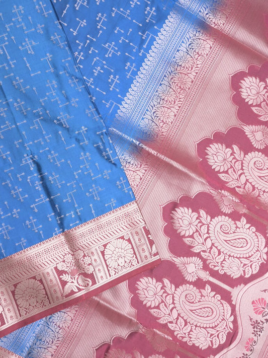 Kanchi pattu saree sky blue color allover zari weaves & zari border with rich pallu and plain blouse