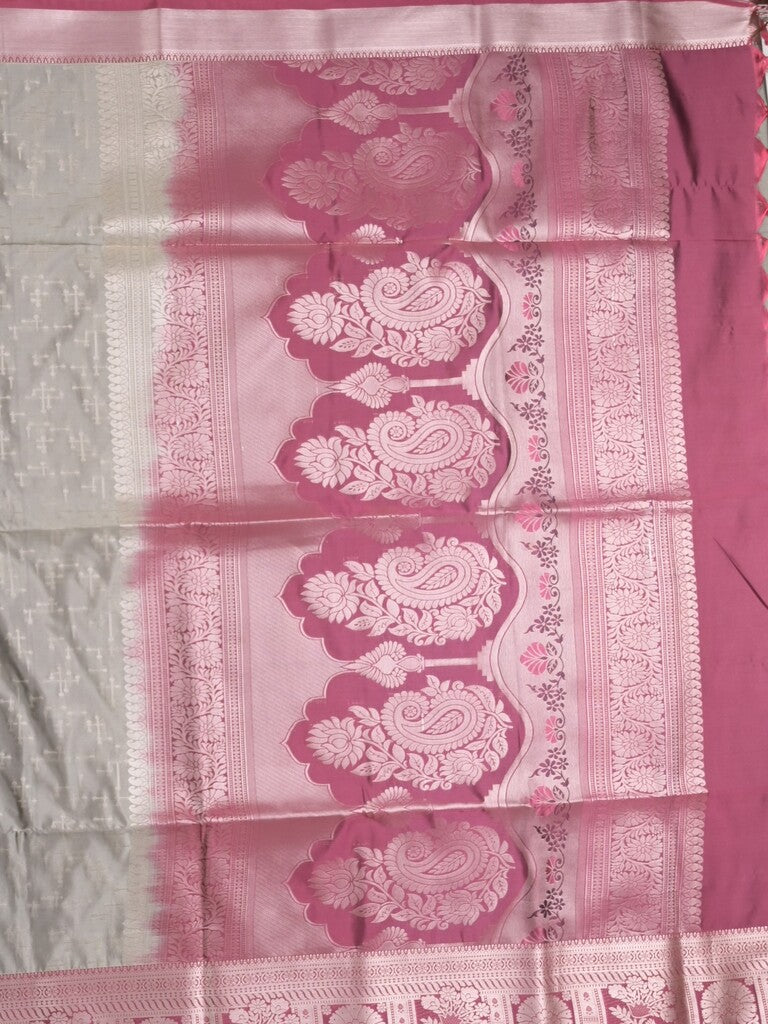 Kanchi pattu saree grey color allover zari weaves & zari border with rich pallu and plain blouse