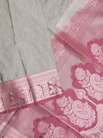 Kanchi pattu saree grey color allover zari weaves & zari border with rich pallu and plain blouse