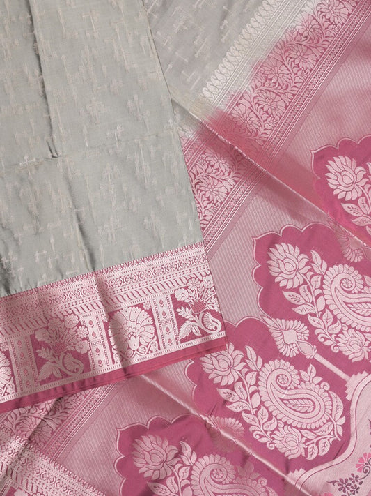Kanchi pattu saree grey color allover zari weaves & zari border with rich pallu and plain blouse