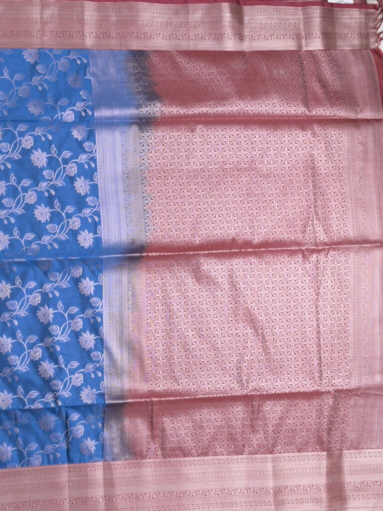 Kanchi pattu saree sky blue color allover zari weaves & zari border with rich pallu and plain blouse