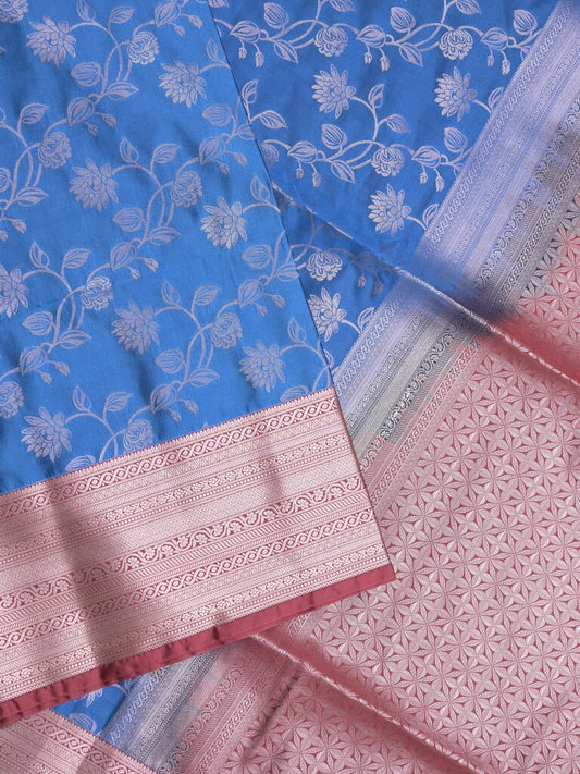 Kanchi pattu saree sky blue color allover zari weaves & zari border with rich pallu and plain blouse