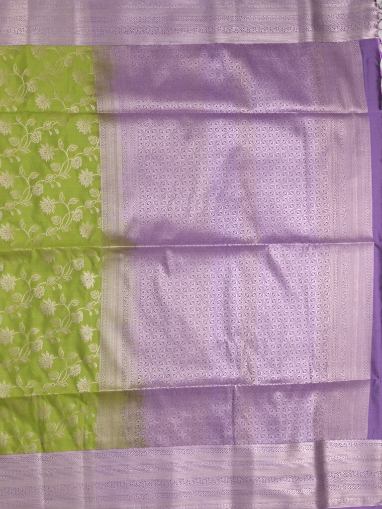 Kanchi pattu saree olive green color allover zari weaves & zari border with rich pallu and plain blouse