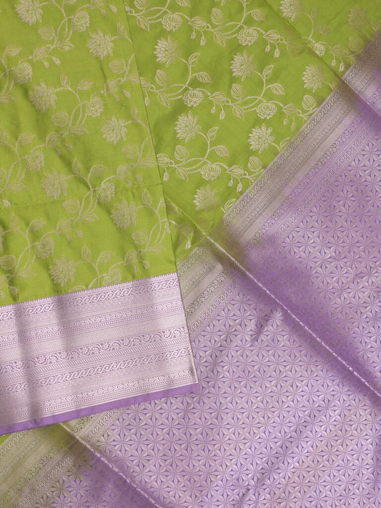 Kanchi pattu saree olive green color allover zari weaves & zari border with rich pallu and plain blouse