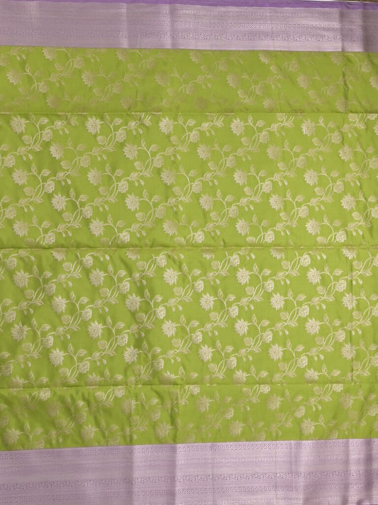 Kanchi pattu saree olive green color allover zari weaves & zari border with rich pallu and plain blouse