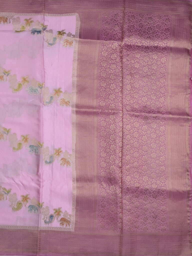 Satin silk fancy saree light pastel purple color allover zari weaves & zari border with zari pallu and plain self blouse