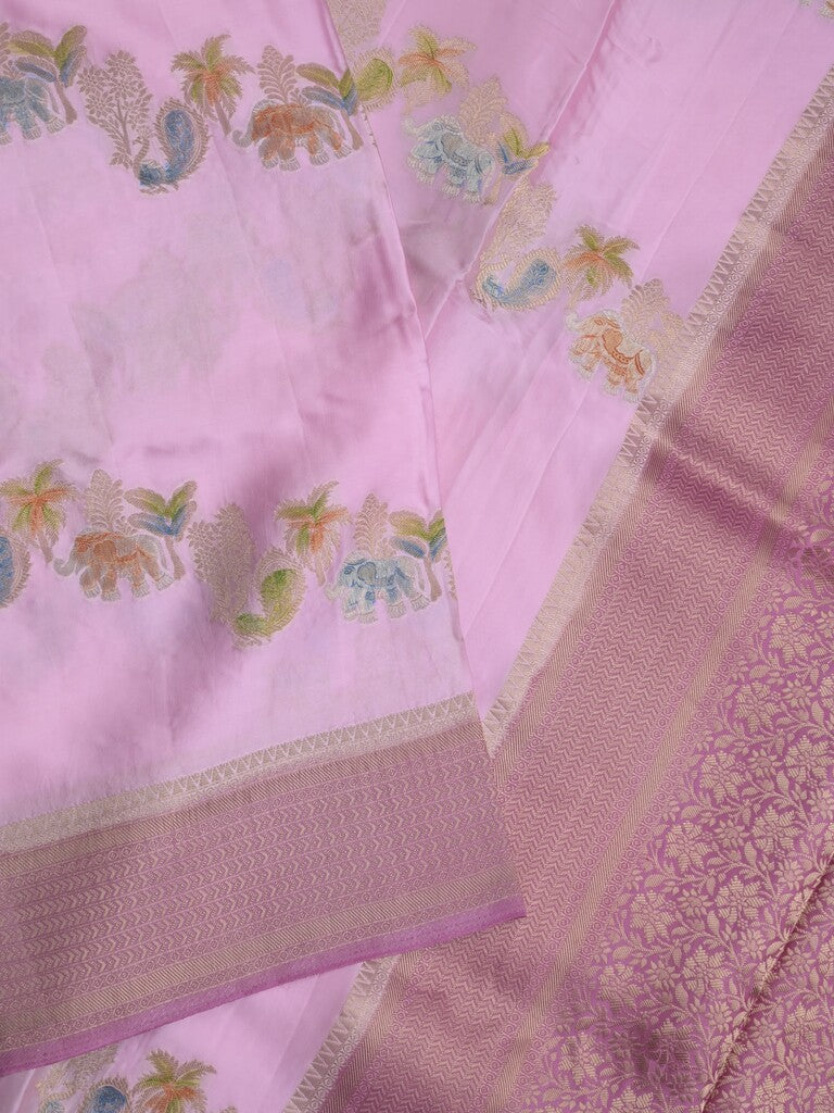 Satin silk fancy saree light pastel purple color allover zari weaves & zari border with zari pallu and plain self blouse