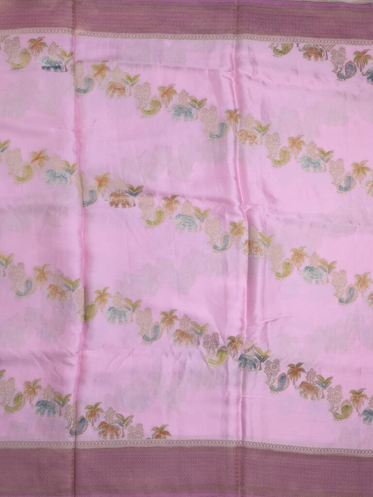 Satin silk fancy saree light pastel purple color allover zari weaves & zari border with zari pallu and plain self blouse