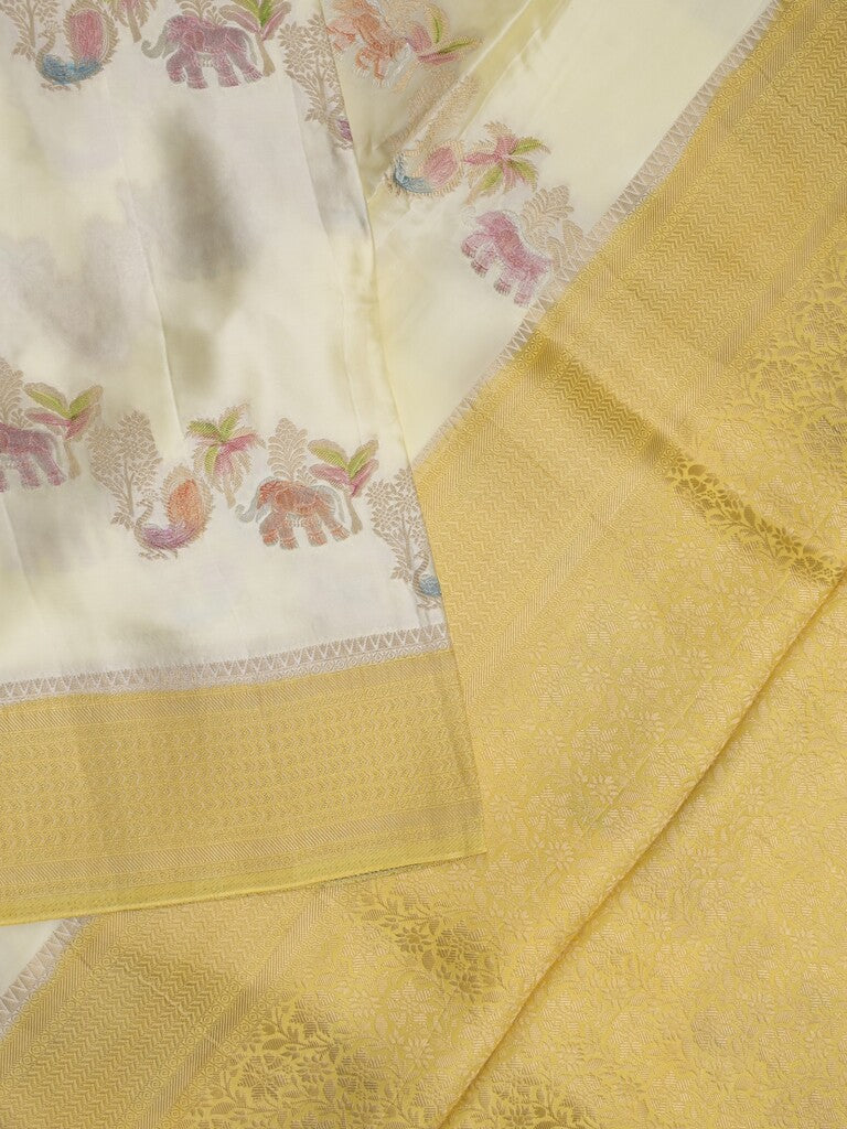 Satin silk fancy saree light cream color allover zari weaves & zari border with zari pallu and plain self blouse