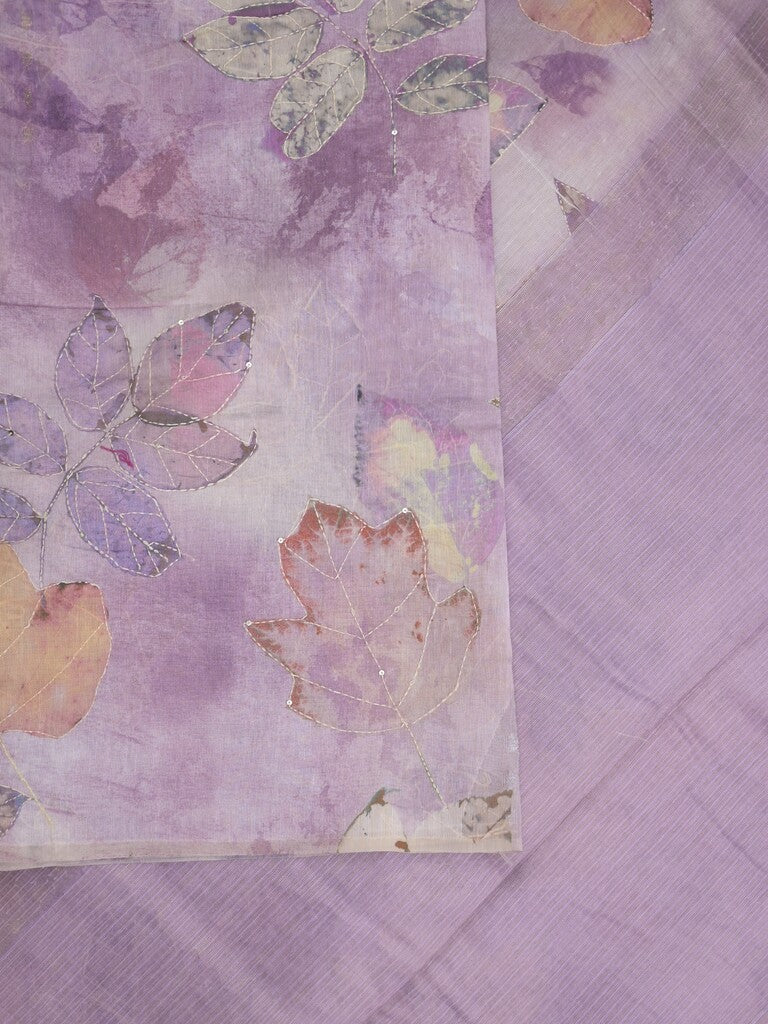 Lenin fancy light purple color saree with allover prints, sequins work and attached plain blouse