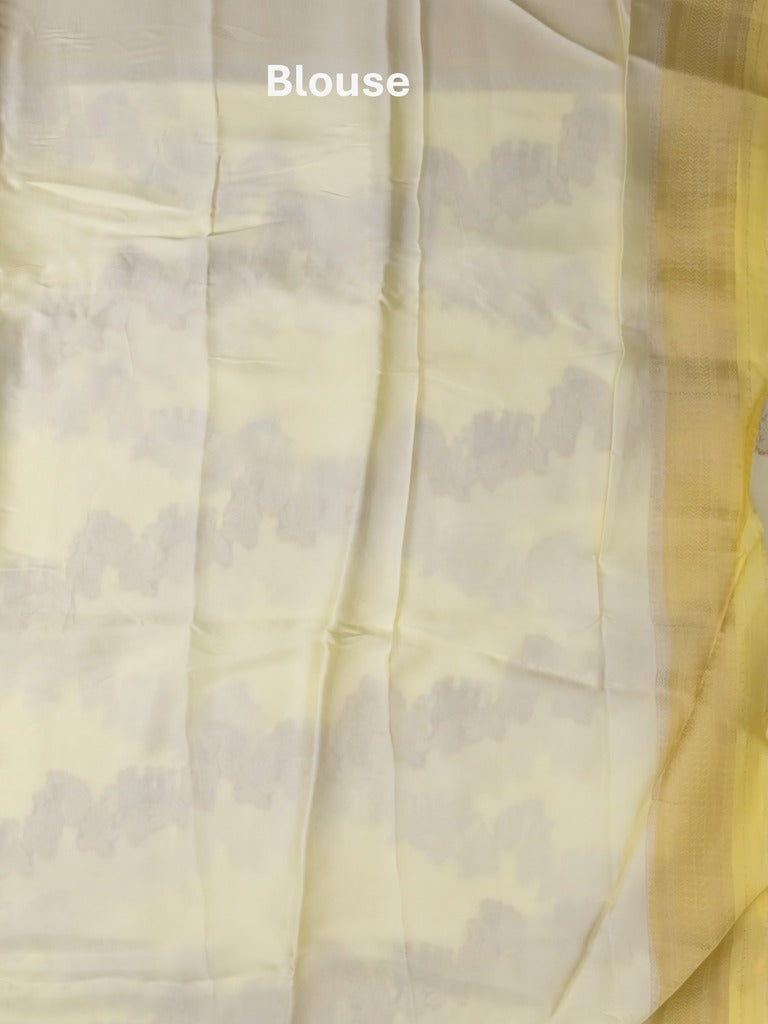 Satin silk fancy saree light cream color allover zari weaves & zari border with zari pallu and plain self blouse