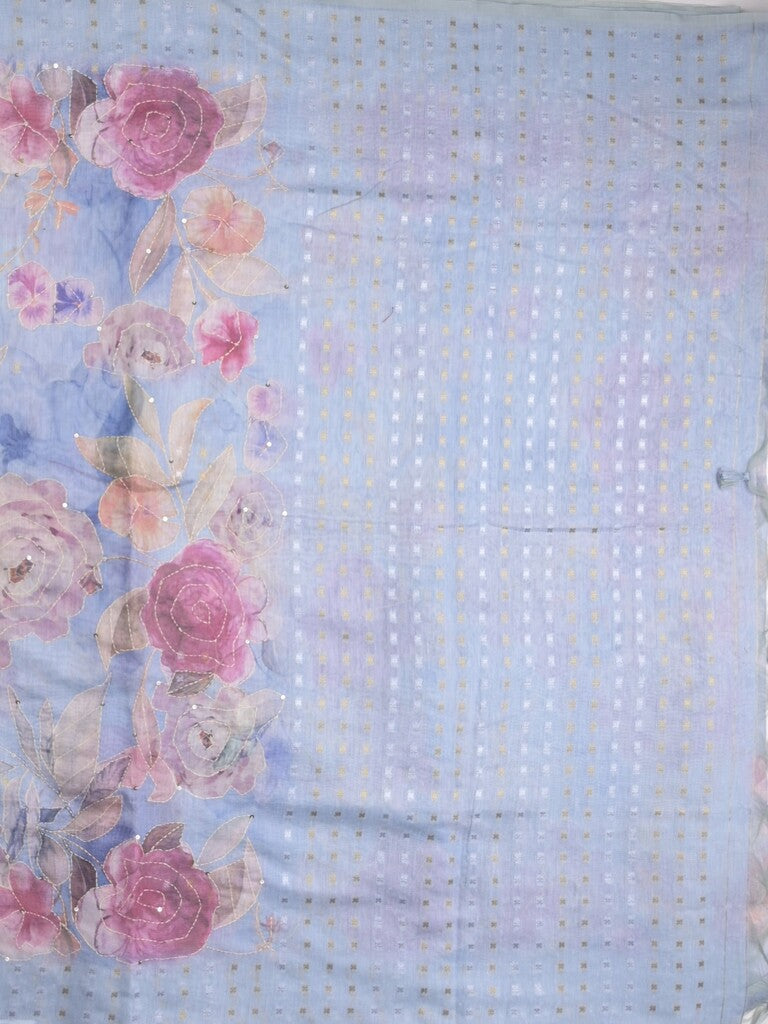 Lenin fancy light blue color saree with allover prints, sequins work and attached plain blouse