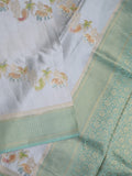 Satin silk fancy saree light blue color allover zari weaves & zari border with zari pallu and plain self blouse