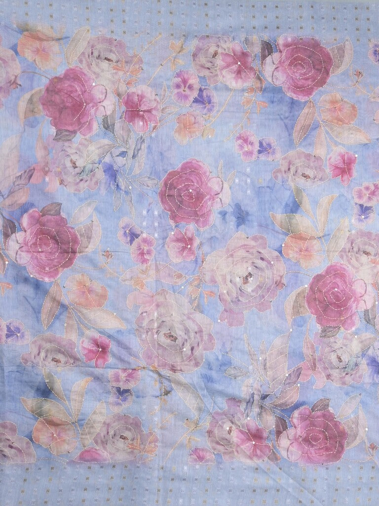 Lenin fancy light blue color saree with allover prints, sequins work and attached plain blouse