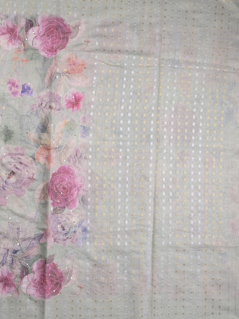 Lenin fancy light pastel green color saree with allover prints, sequins work and attached plain blouse