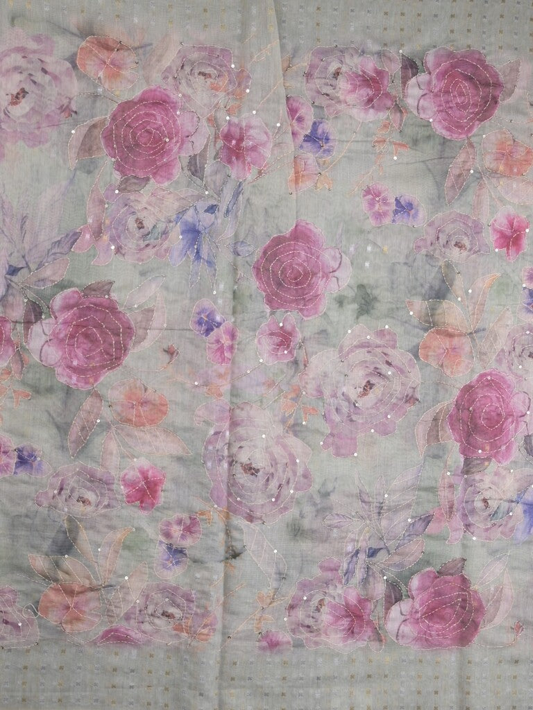 Lenin fancy light pastel green color saree with allover prints, sequins work and attached plain blouse