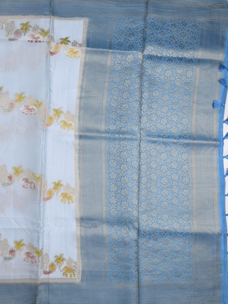 Satin silk fancy saree pastel blue color allover zari weaves & zari border with zari pallu and plain self blouse
