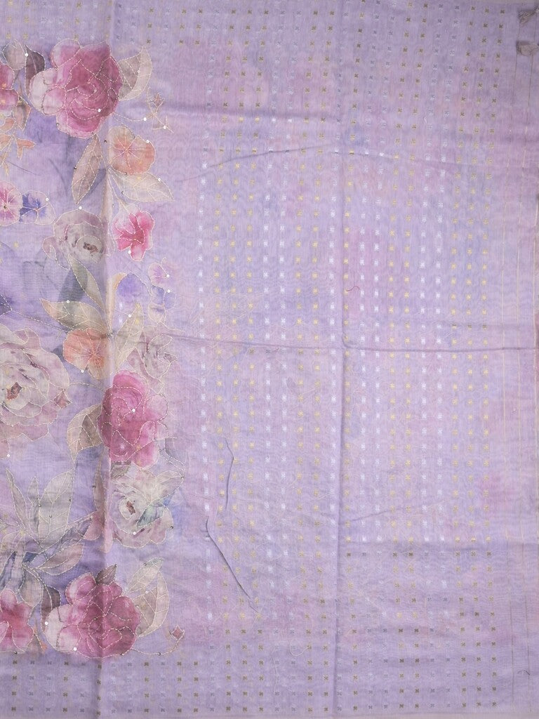 Lenin fancy pastel purple color saree with allover prints, sequins work and attached plain blouse