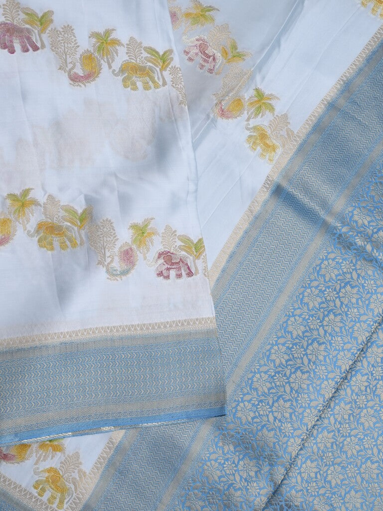 Satin silk fancy saree pastel blue color allover zari weaves & zari border with zari pallu and plain self blouse