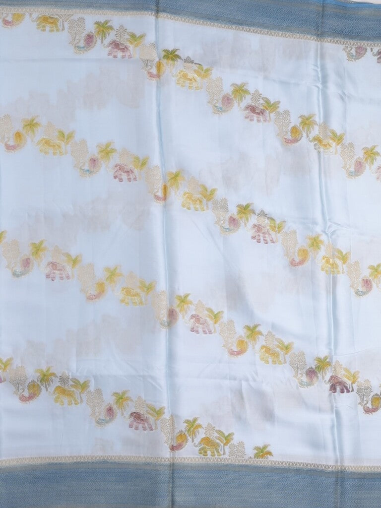 Satin silk fancy saree pastel blue color allover zari weaves & zari border with zari pallu and plain self blouse