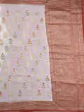 Georgette fancy saree white color allover zari motifs & zari border with zari pallu and contrast plain blouse