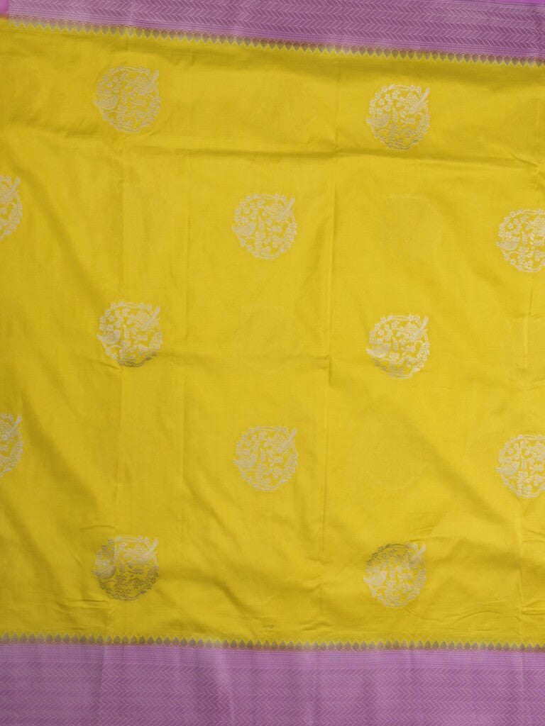 Tabby silk fancy saree in yellow color allover zari motifs & zari border with rich pallu and plain blouse