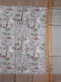 Chanderi fancy saree grey color allover prints & zari border with short pallu and printed blouse