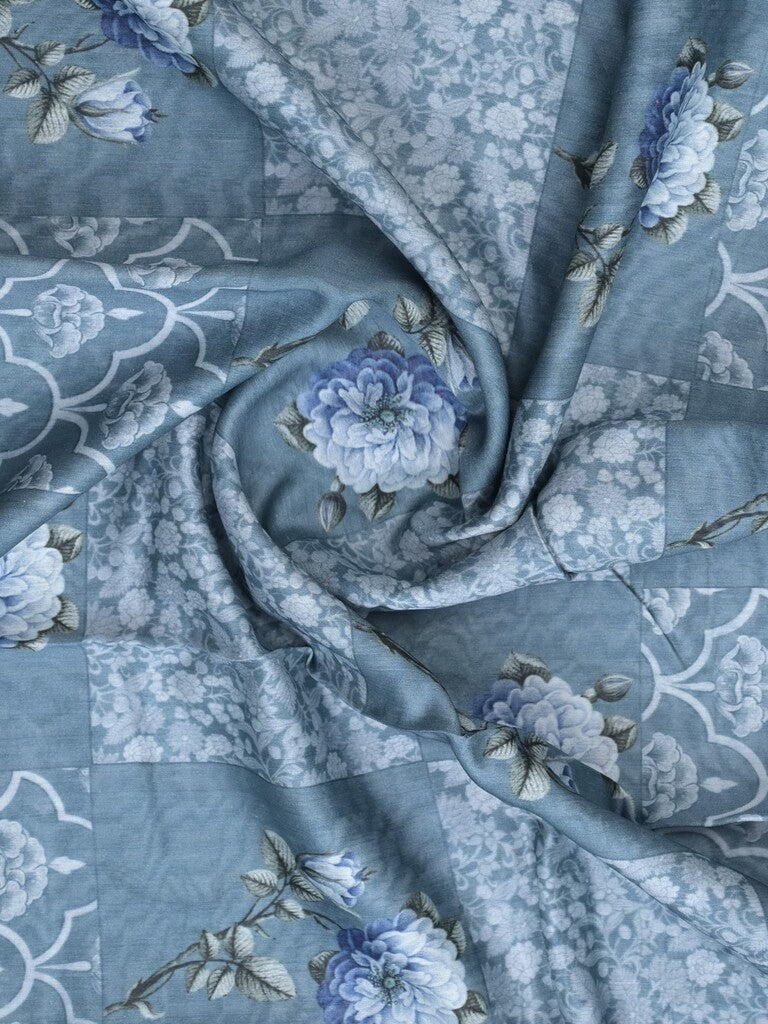 Chanderi fancy saree sky blue color allover prints & zari border with short pallu and printed blouse
