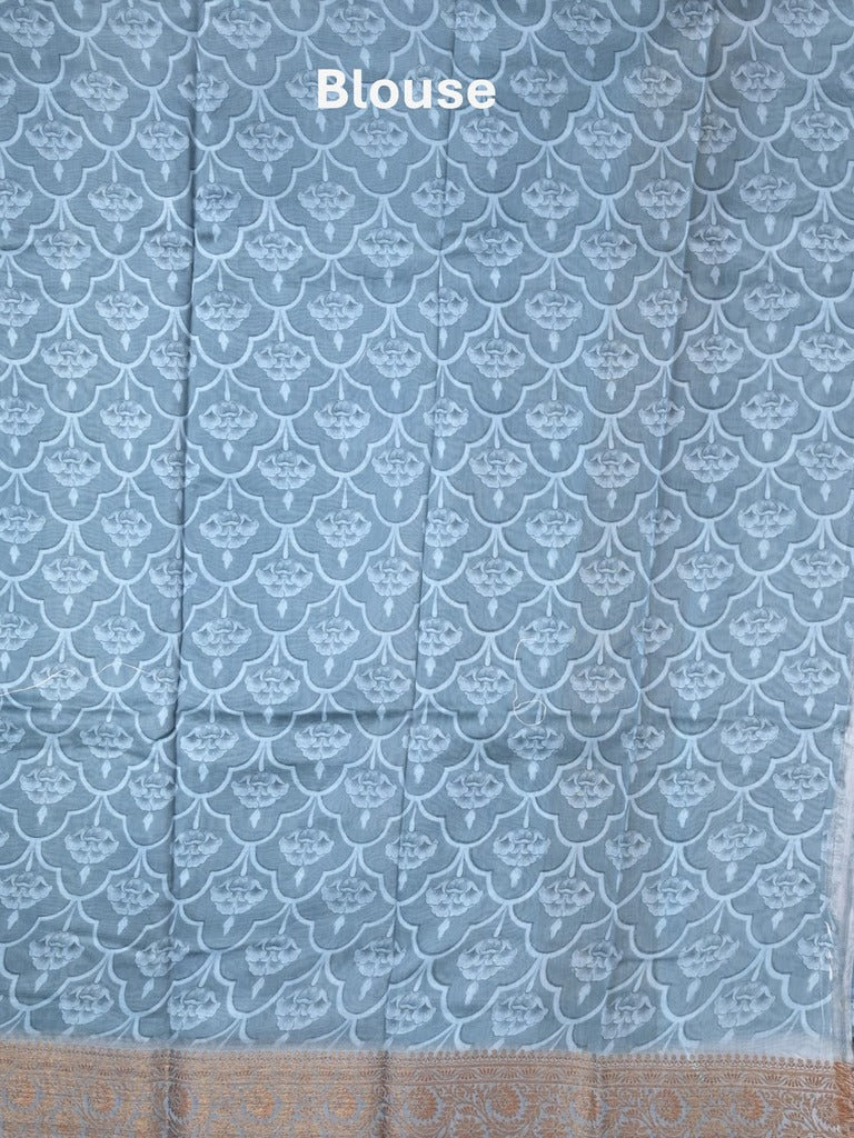 Chanderi fancy saree sky blue color allover prints & zari border with short pallu and printed blouse