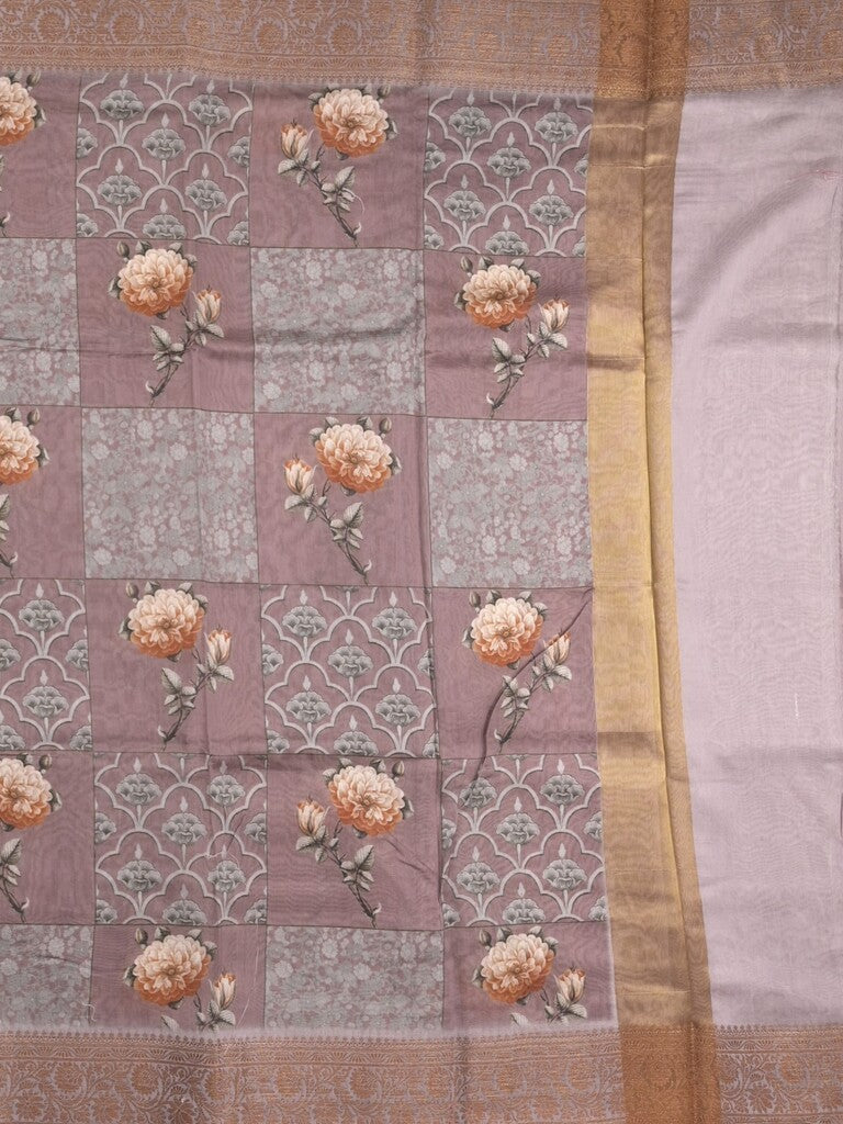 Chanderi fancy saree dark purple color allover prints & zari border with short pallu and printed blouse