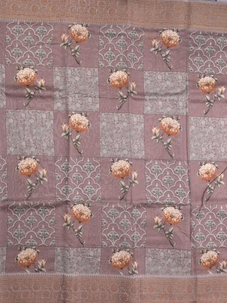 Chanderi fancy saree dark purple color allover prints & zari border with short pallu and printed blouse