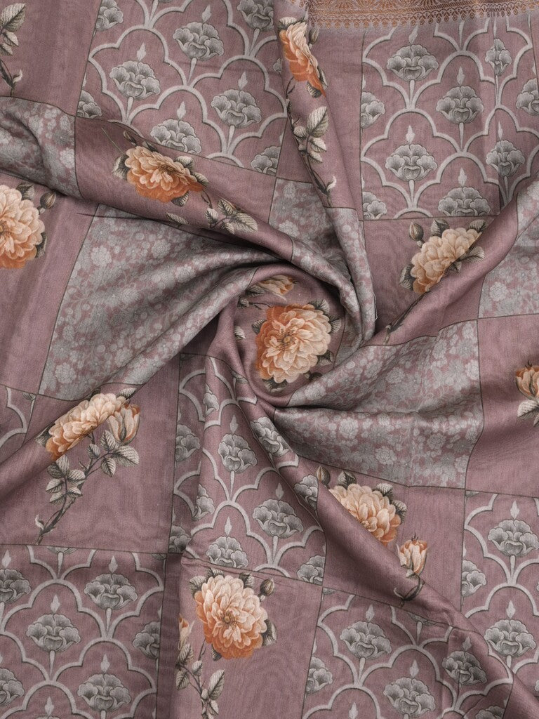 Chanderi fancy saree dark purple color allover prints & zari border with short pallu and printed blouse