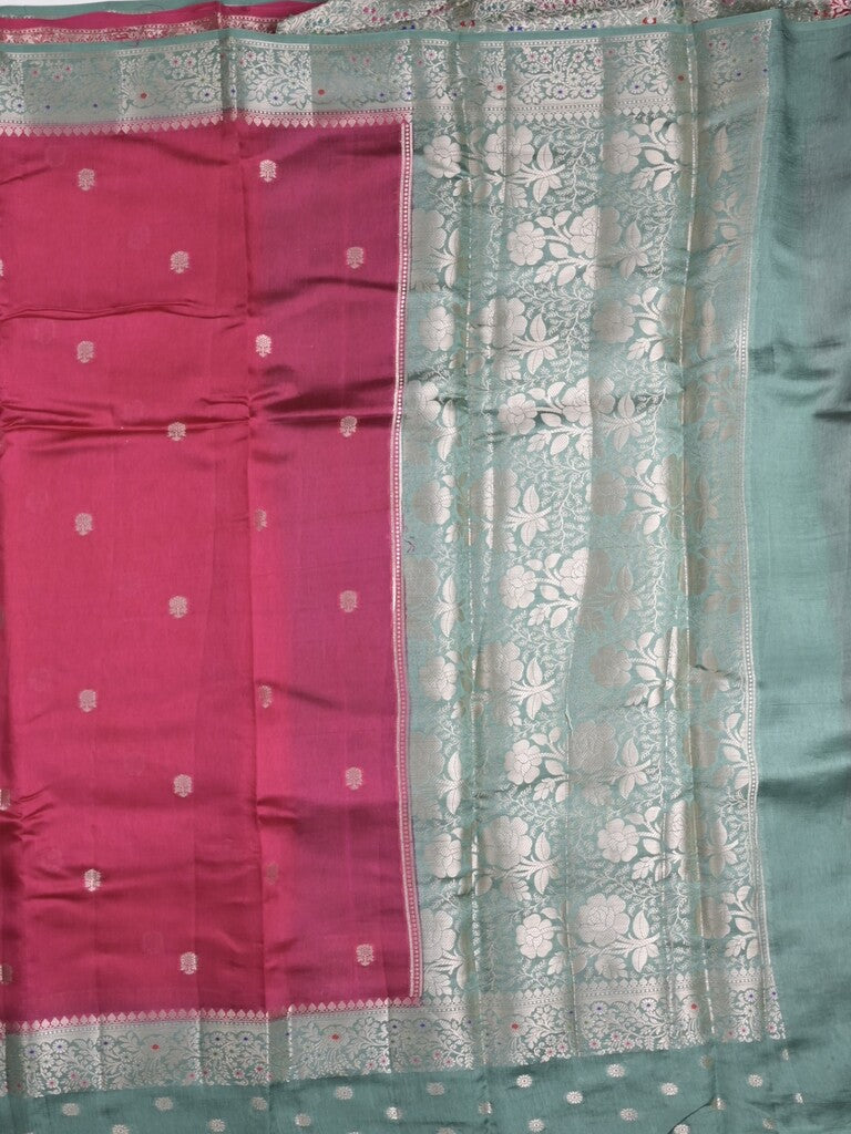 Raw mango fancy saree cherry red color allover zari weaves & zari border with short pallu and contrast blouse