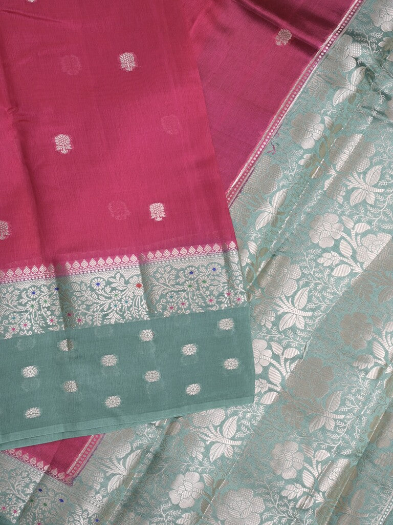 Raw mango fancy saree cherry red color allover zari weaves & zari border with short pallu and contrast blouse