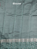 Raw mango fancy saree cherry red color allover zari weaves & zari border with short pallu and contrast blouse