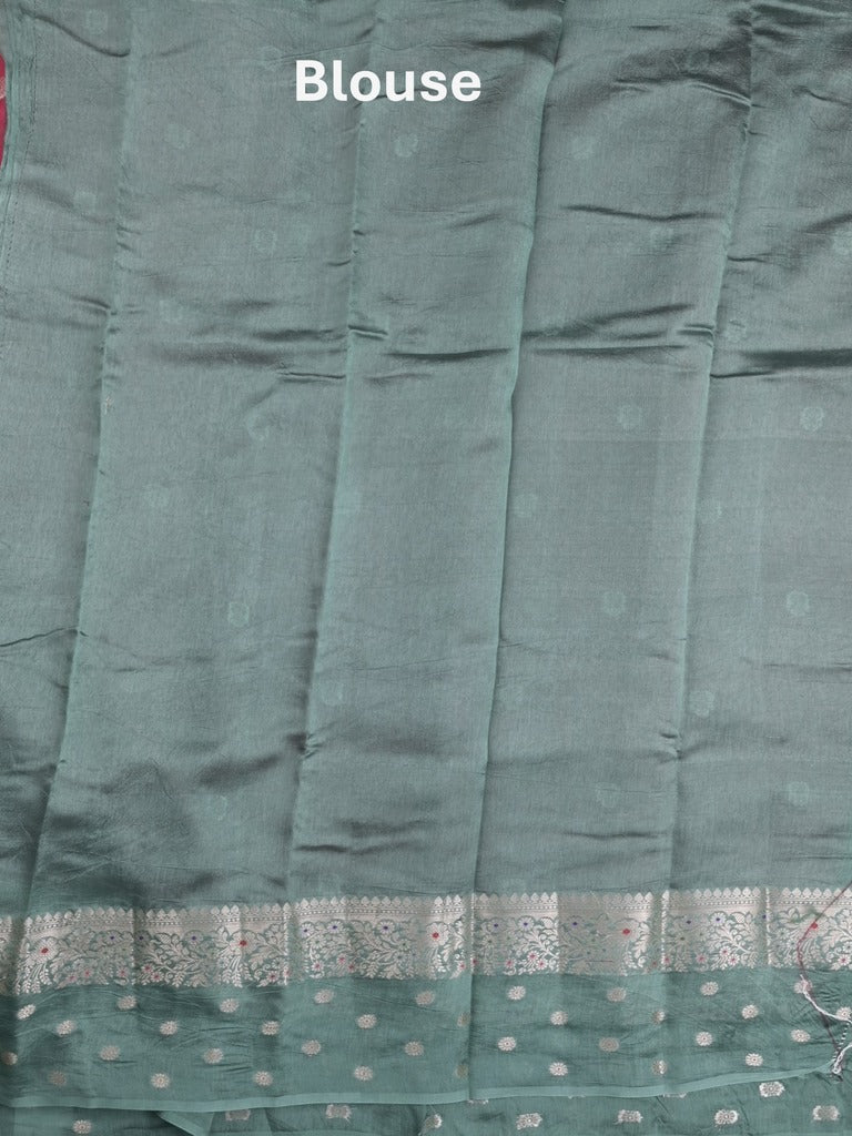Raw mango fancy saree cherry red color allover zari weaves & zari border with short pallu and contrast blouse